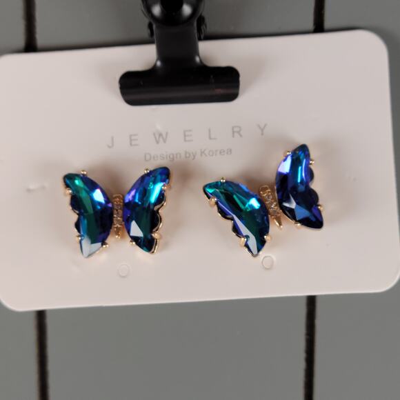 Blue Green Crystal Butterfly Stud Earrings Set of Korea Design, Gift Bag - Picture 11 of 14